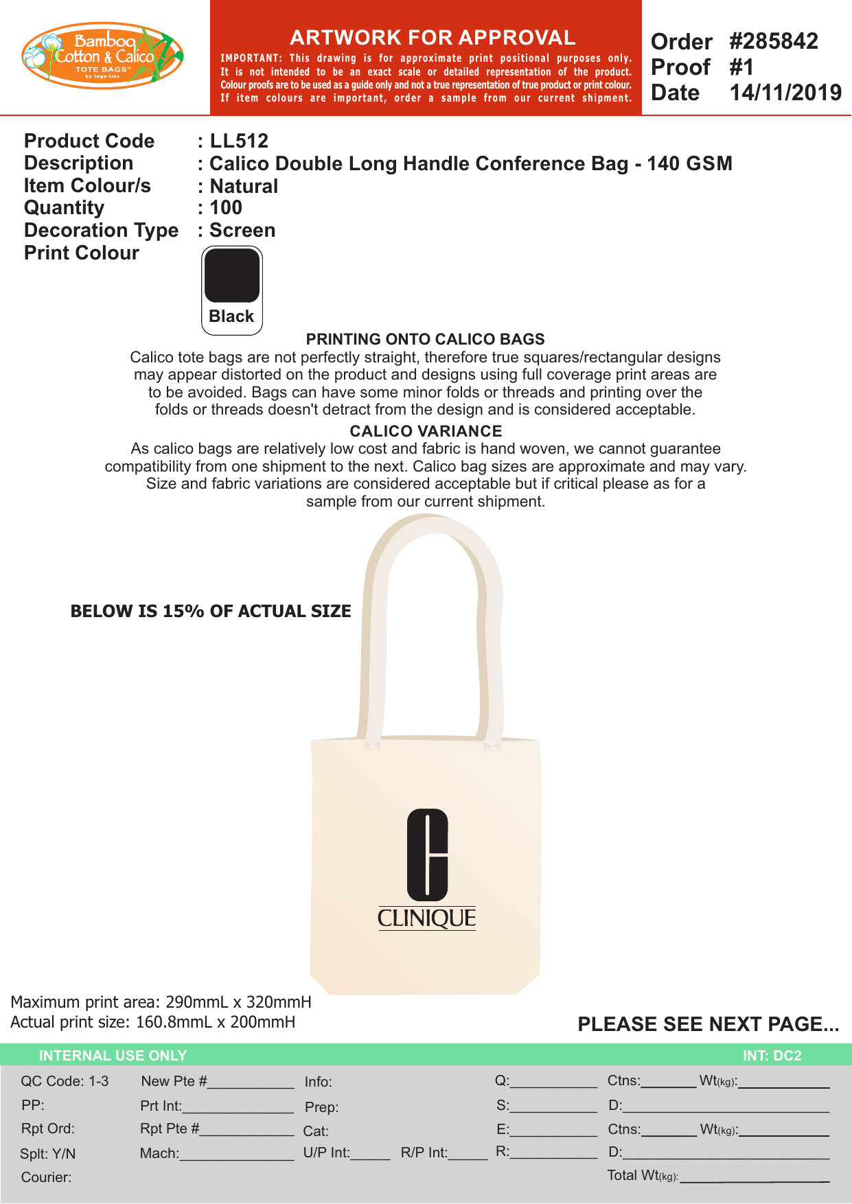 Clinique calico conference tote bag — 140 GSM natural-cotton, black screen-printed Clinique wordmark with the signature 'C' icon — designed and made by Sense2 for Clinique.