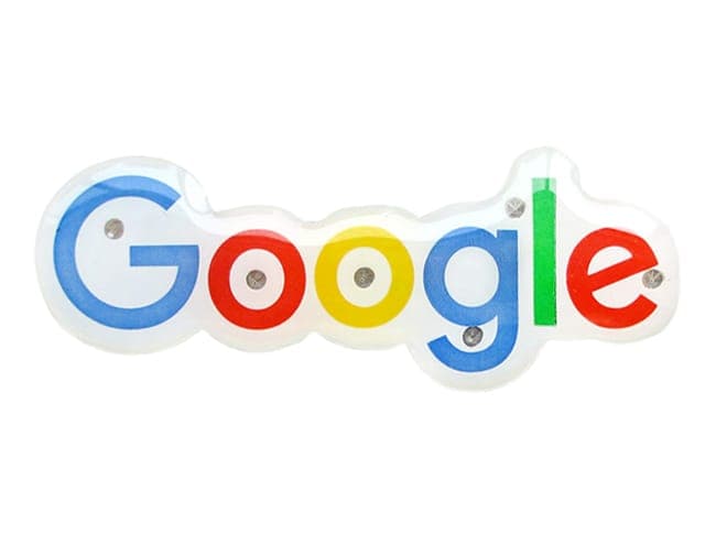 Custom Google logo flashing pin badge — full colour word-mark with four embedded LEDs, designed and made by Sense2 for Google Australia.