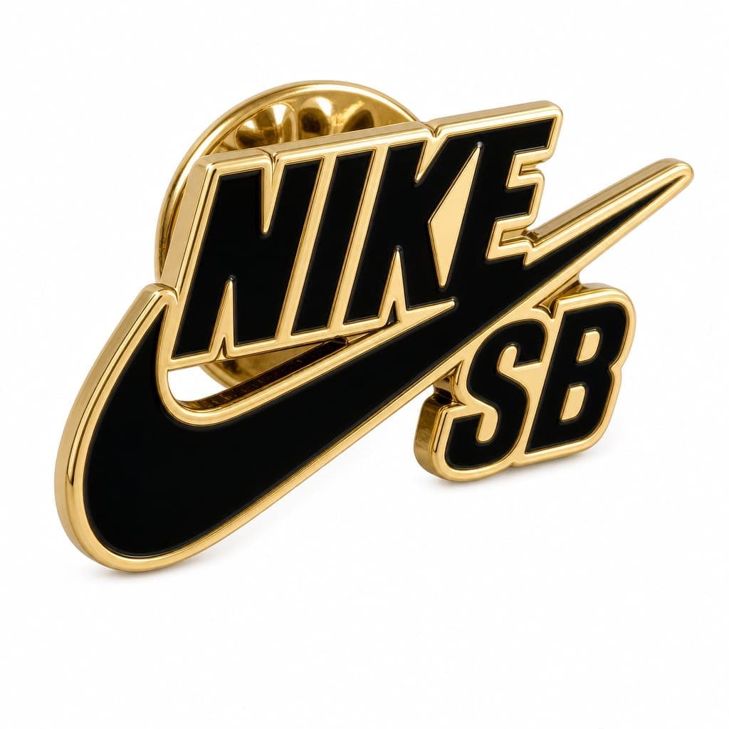 Nike SB lapel pin — gold enamel Swoosh on black, designed and made by Sense2 for a Nike SB skate launch.