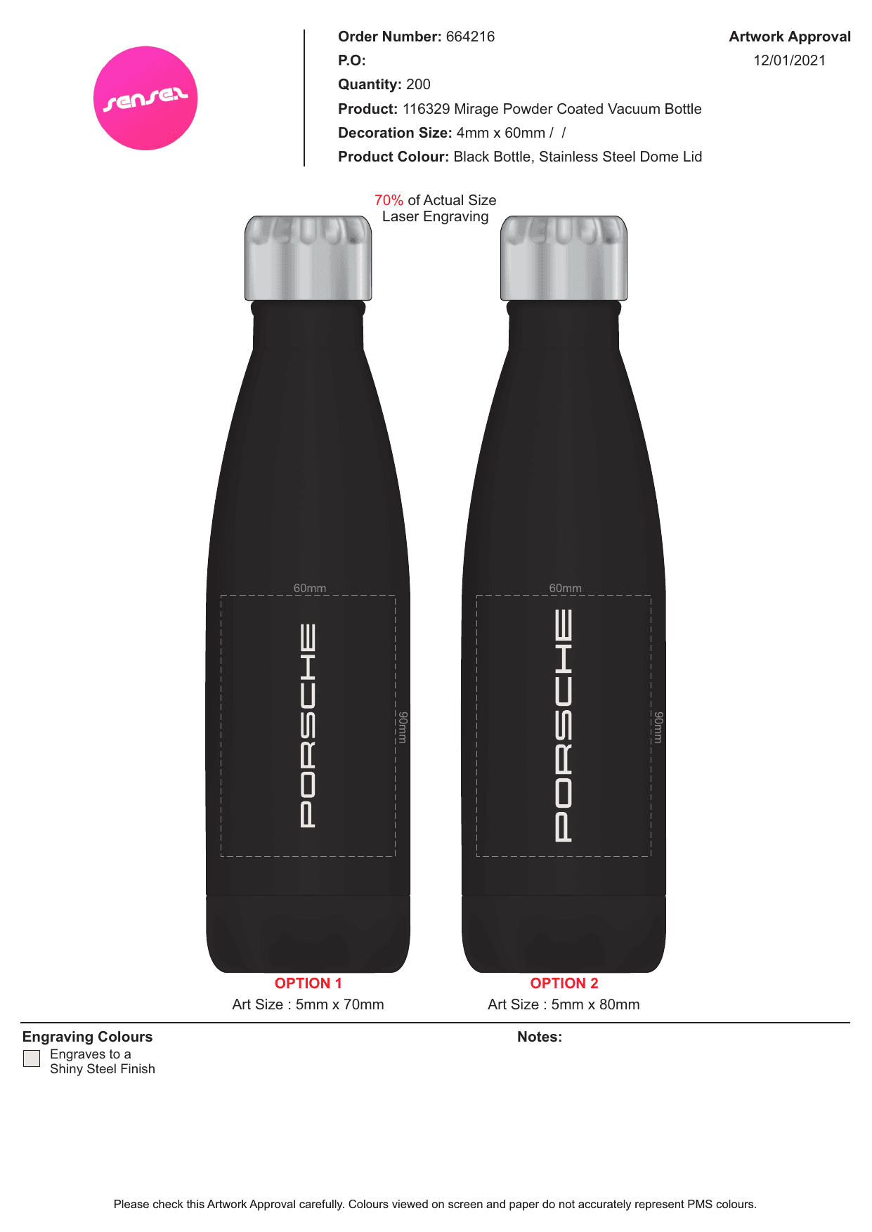 Porsche Mirage 116329 powder-coated vacuum bottle — black body, stainless steel dome lid, laser-engraved Porsche wordmark with shiny-steel finish — designed and made by Sense2 for Porsche (2021 artwork proof).