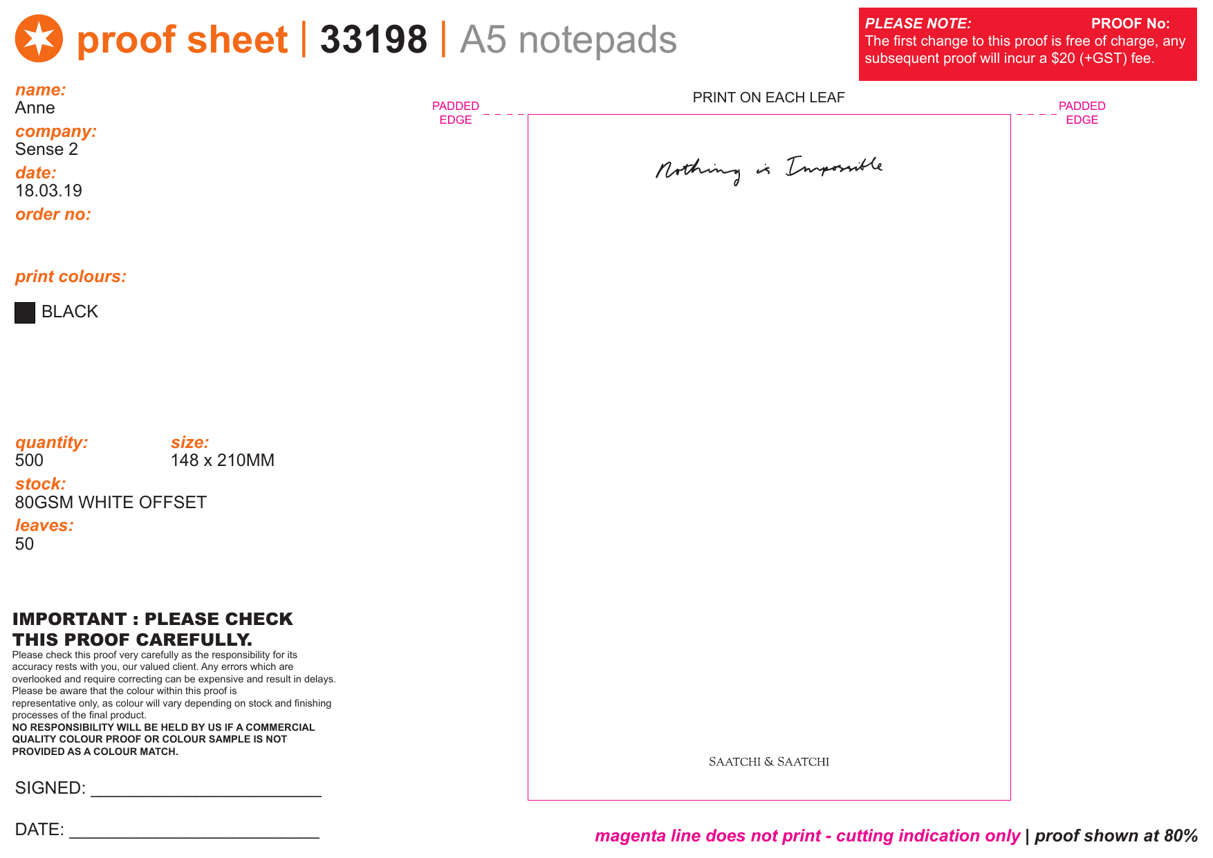 Saatchi & Saatchi A5 notepad — 'Nothing is Impossible' tagline in script at the top, 50-leaf 80GSM padded — designed and made by Sense2 for Saatchi & Saatchi (2019 artwork proof).