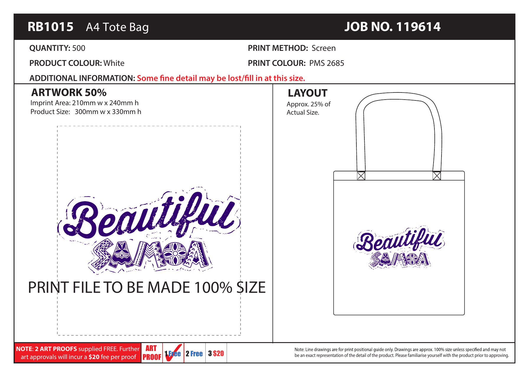 Samoa Tourism Authority 'Beautiful Samoa' tote bag — A4 white cotton with the Beautiful Samoa script-and-block logo screen-printed in PMS 2685 deep purple — designed and made by Sense2 for Samoa Tourism Authority.