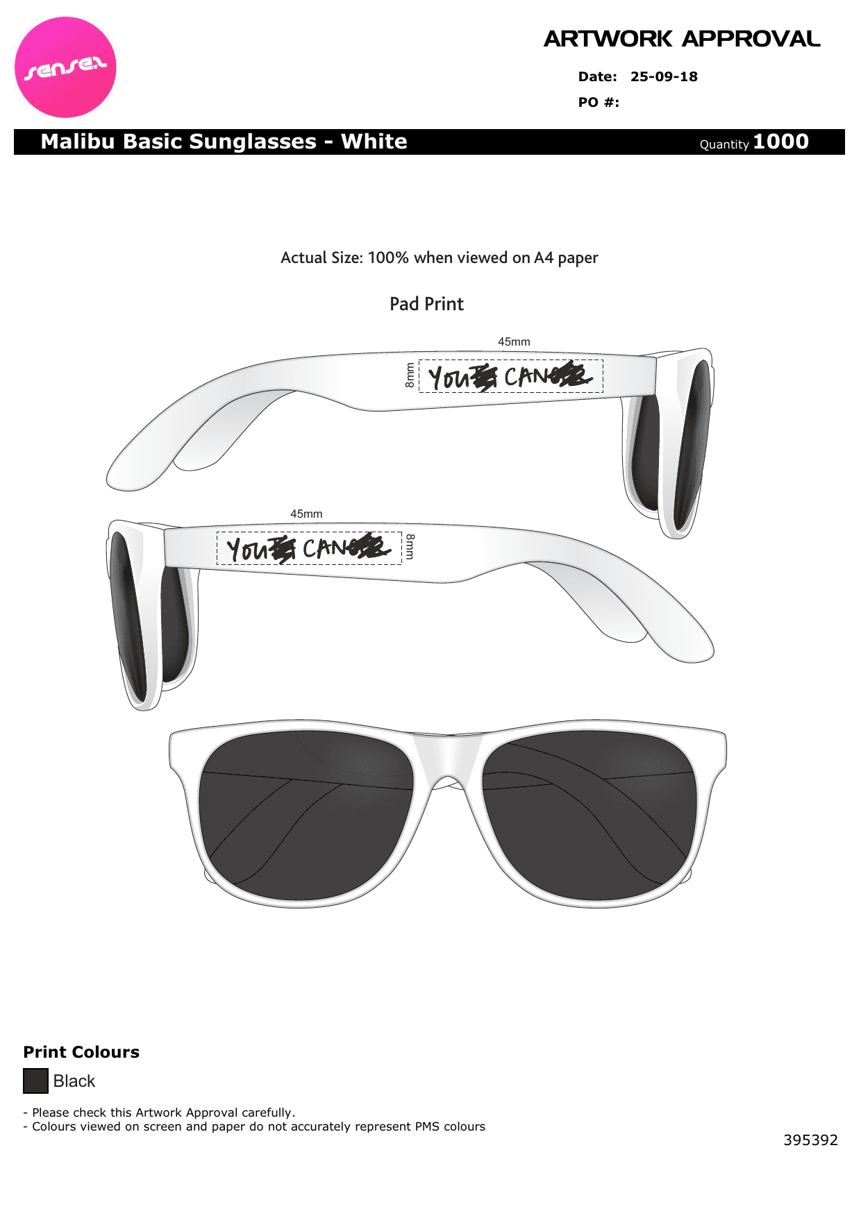 YOU CAN (Sony Foundation Australia) Malibu Basic sunglasses — white frames, dark lenses, 'YOU CAN' graphic in scribbled-out style pad-printed on the temples — designed and made by Sense2 for the YOU CAN youth cancer charity by Sony Foundation Australia.