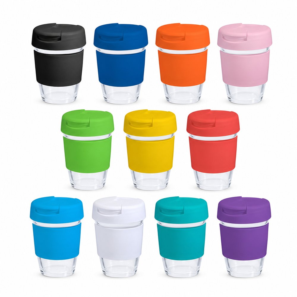Branded Glass Coffee Cup with Flip Lid 340ml