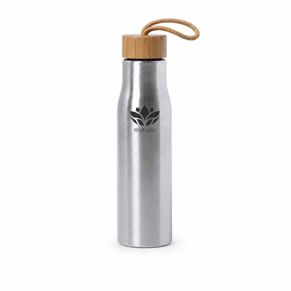 Branded Stainless Steel Drink Bottle with Bamboo Cap 600ml