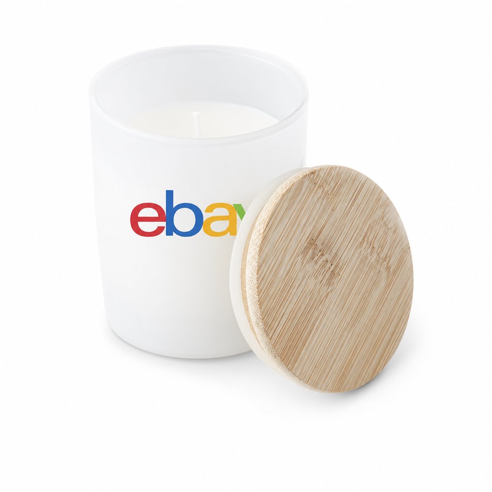 Branded Bamboo Lid Candle — Frosted Glass, Linen Scent