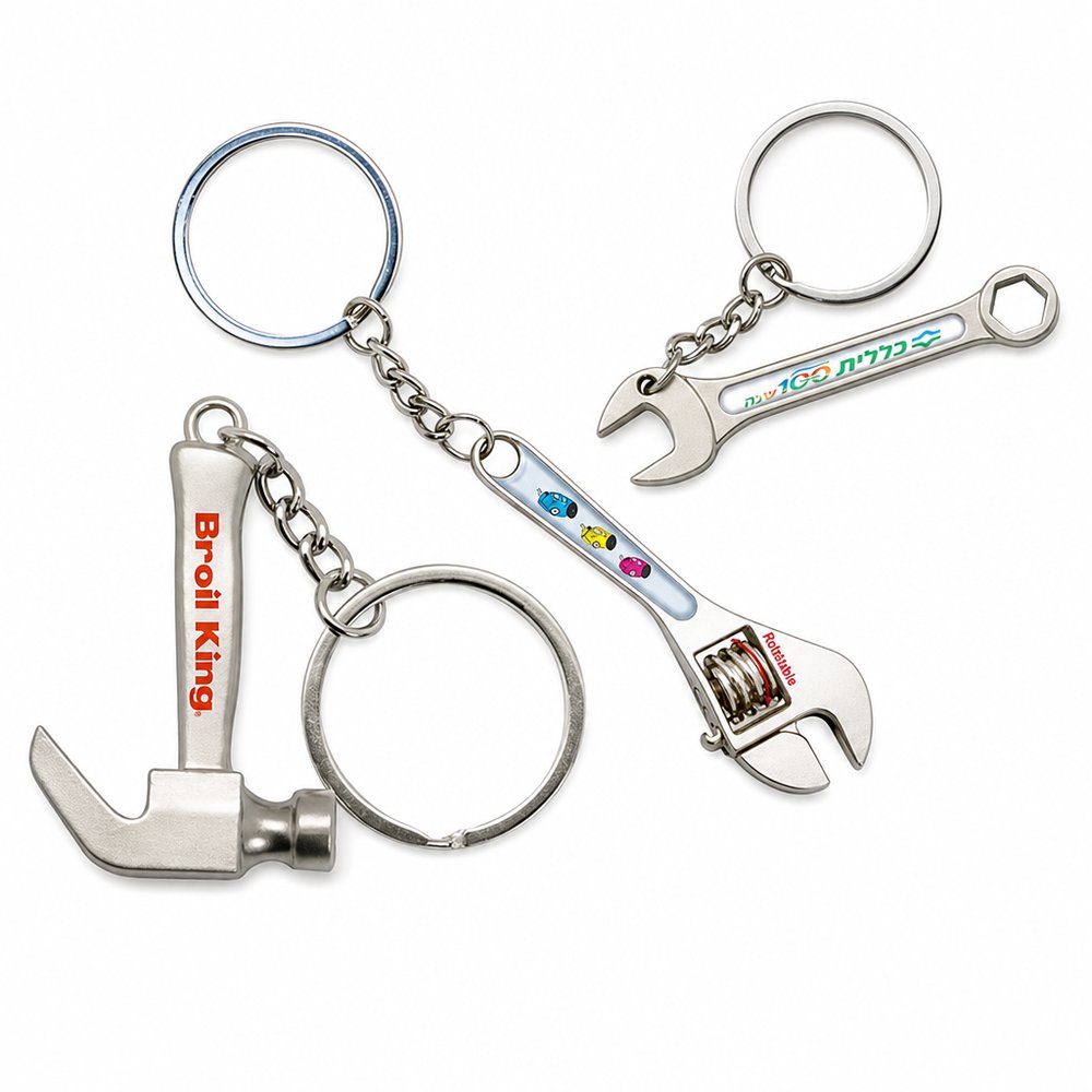 Tool-Shaped Metal Keyrings, Engraved or Printed