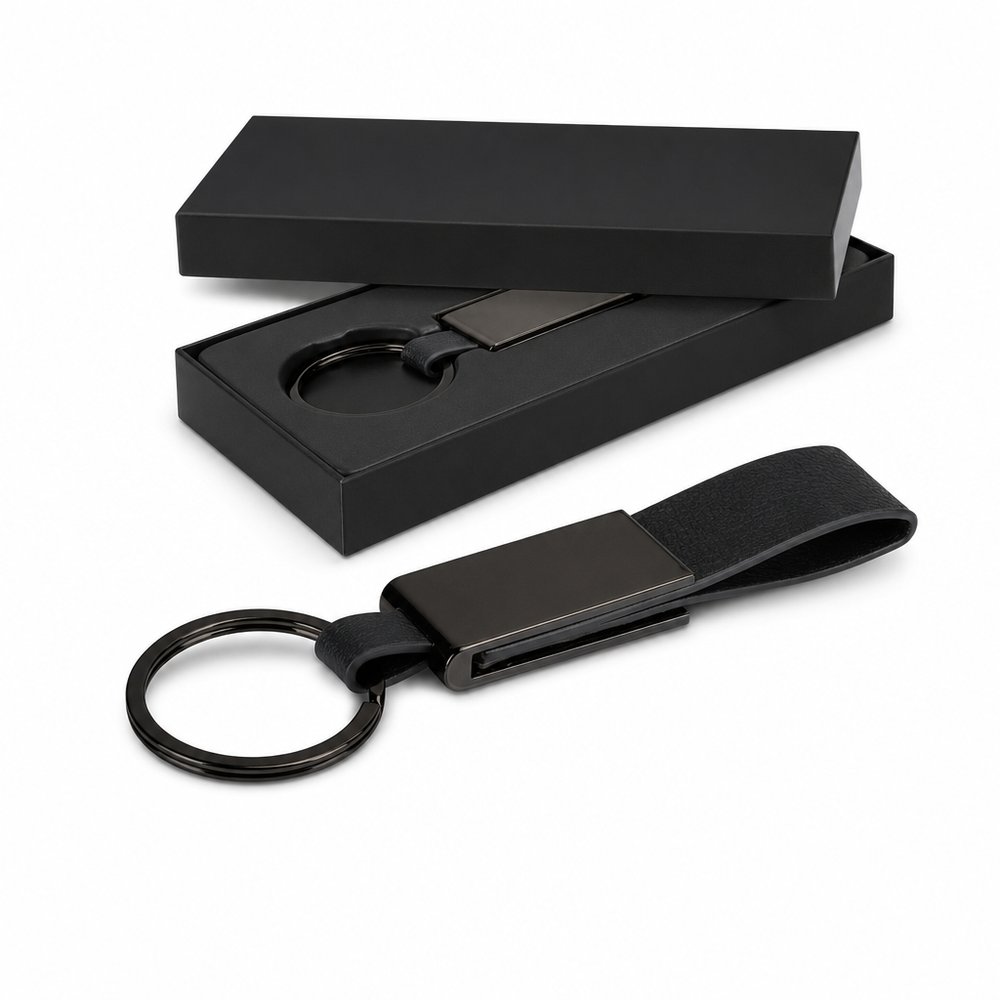 Black Leather Keyring with Laser-Engraved Branding