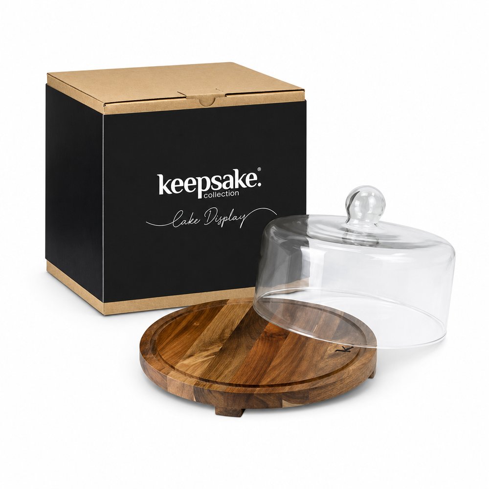 Branded Acacia & Glass Cake Dome — Keepsake