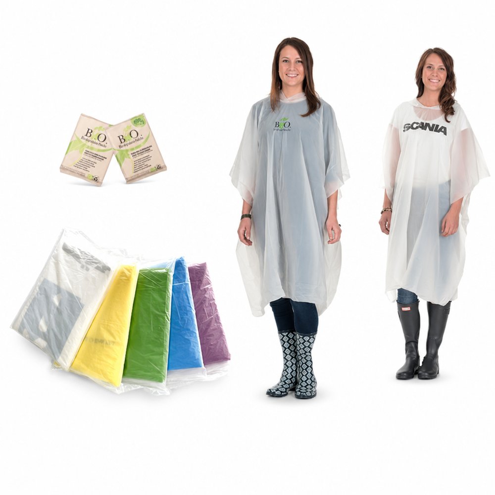 Compostable Cornstarch Rain Ponchos, Branded