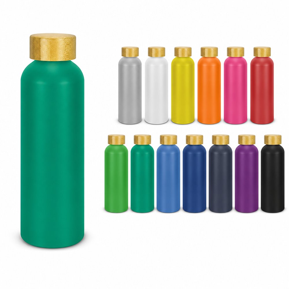 リサイクルアルミニウムドリンクボトル(600ml、竹蓋、サテン仕上げ)