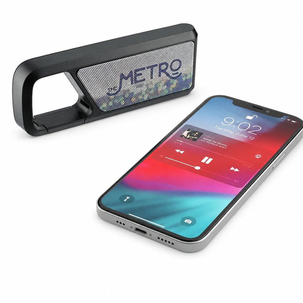 クリップ式ブランデッドBluetoothスピーカー(2W・ポータブル・内蔵マイク付き)